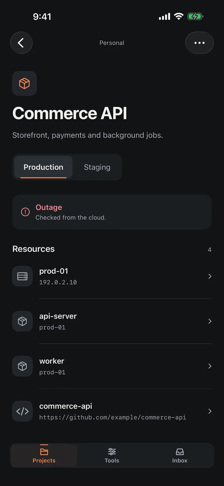 A project's Production environment: its resources and the monitors that watch them, each with a status word