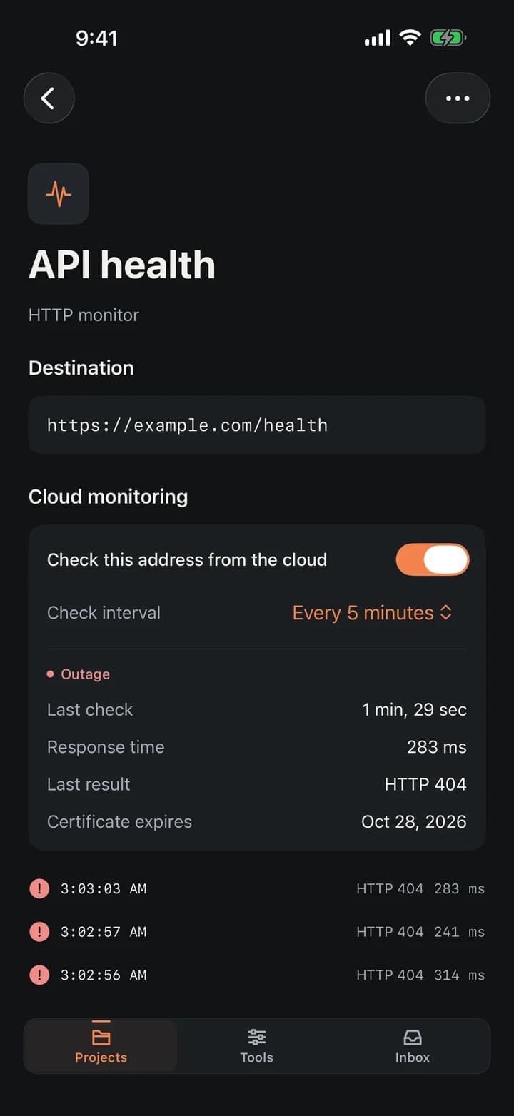 A DevKit HTTP monitor during an outage: its address, check interval, last check, response time, last result and certificate expiry, above its most recent checks