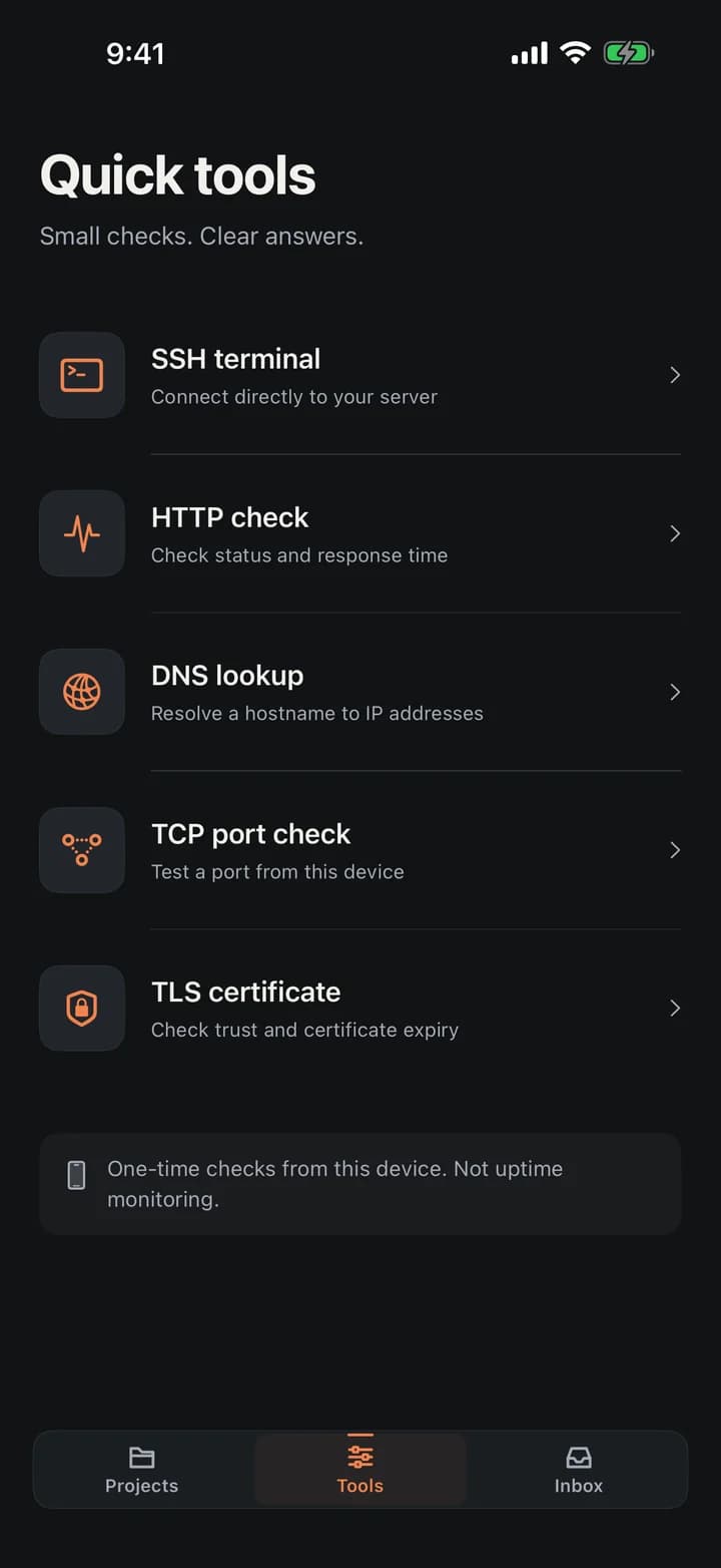 The Tools screen: one address field, recent targets, and the catalogue of server, web, network and decoder tools