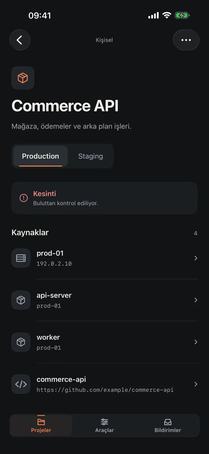 Bir projenin Production ortamı: kaynakları ve onları izleyen monitörler, her biri bir durum kelimesiyle