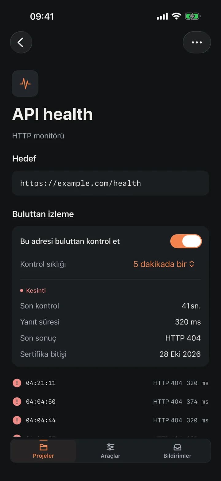 Kesintideki bir DevKit HTTP monitörü: adresi, kontrol sıklığı, son kontrol, yanıt süresi, son sonuç ve sertifika bitişi, altında son kontroller