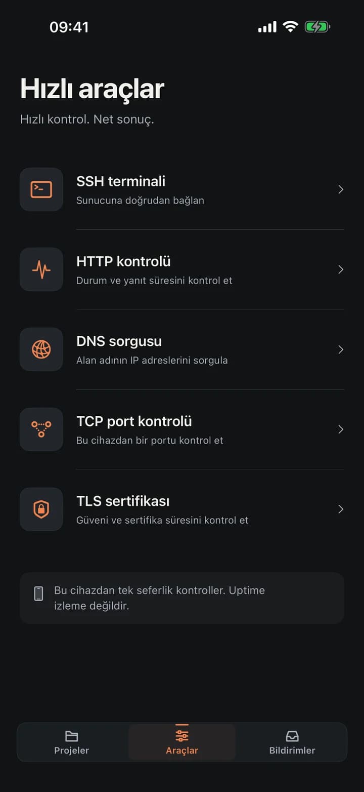 Araçlar ekranı: tek bir adres alanı, son hedefler ve sunucu, web, ağ ve çözücü araçlarının kataloğu